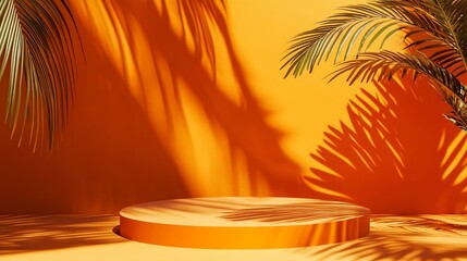 Poster - A circular podium sits in front of an orange wall with palm leaves and shadows.