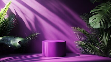 Poster - A purple cylinder podium surrounded by tropical plants on a purple background with light shining through.