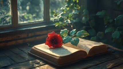 Poster - Romantic still life of an open book with a delicate rose resting on top placed on a rustic wooden table with warm sunlight streaming through a nearby window evoking a peaceful reading moment
