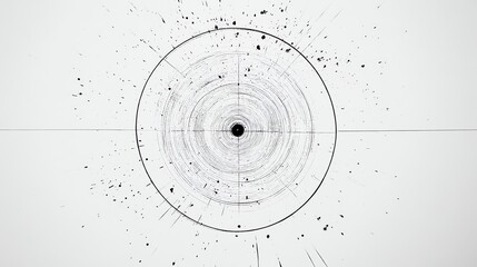 Poster - A black and white image of a circle with concentric circles radiating out, surrounded by black splatter marks on a white background.