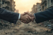 © Vovmar - Two politicians shake hands against the backdrop of war. Generated by artificial intelligence