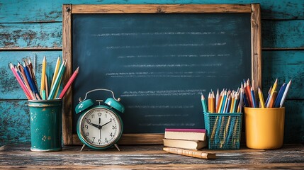 Poster - Rustic wooden table with a chalkboard in the background filled with colorful school supplies an alarm clock and open space for text celebrating Teacher's Day
