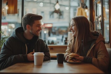 Young cheerful caucasian couple drinking coffee and eating sandwiches in coffee house or cafe, enjoying pleasant talk indoors. People, date, love and lifestyle, Generative AI