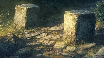 Sticker - Smooth Roman boundary stones time-worn and cracked soft light enhances texture and chisel marks