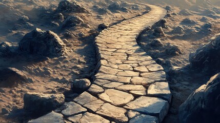 Canvas Print - Roman road through barren landscape cracked stones lit by sunlight harsh shadows adding contrast to rocky surroundings