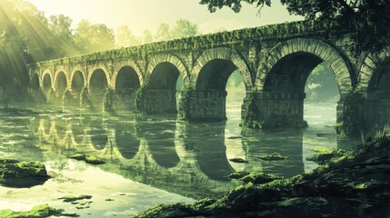 Canvas Print - Stone arches of Roman bridge reflected in river sunlight highlighting moss and lichen on masonry