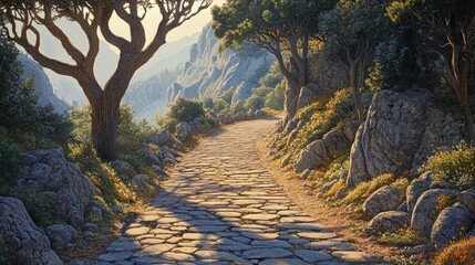 Canvas Print - Roman road winding through trees and cliffs sunlight casting dappled shadows on worn stone path