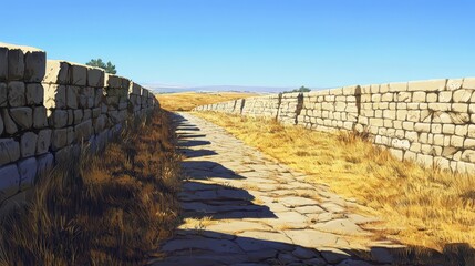 Sticker - Curving Roman road with tall stone walls bright sun casting shadows distant horizon visible