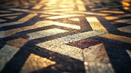 Sticker - Close-up of Roman bathhouse mosaic intricate geometric patterns with bright tiles slightly chipped or worn