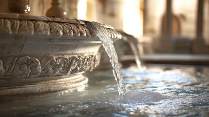 Wall Mural - Close-up of Roman bathhouse fountain intricate carvings on basin water gently flowing from spout