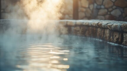 Hot spring pool with steam curling into the air clear water reflecting light and stone walls bubbles rising