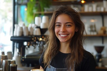 Wall Mural - Cheerful female barista with cup of coffee on counter, preparing order for customer, happy service works in cafe, young small business startup, Generative AI