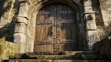 Wall Mural - Fortress gate close-up with iron-reinforced wood doors and moss-covered steps