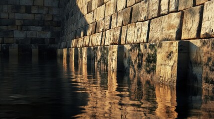 Poster - Fortress wall by the river reflected in the calm water with sunlight glowing