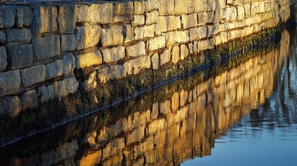 Poster - Fortress wall along river its reflection slightly rippled in calm golden water