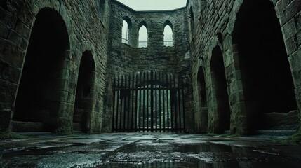 Wall Mural - Fortress gatehouse with raised portcullis iron bars casting shadows on stone floor