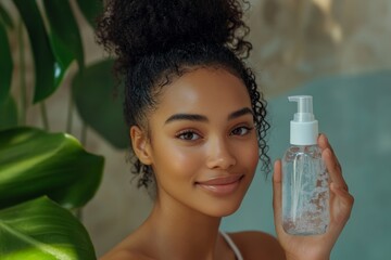 Afro woman with healthy skin without makeup holding micellar water in her hand, Generative AI