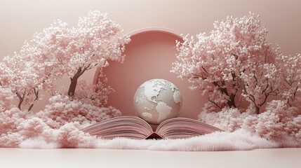 Poster - Serene 3D illustration celebrating World Book Day featuring an open book with a globe and subtle tree outlines on a pale pastel background emphasizing simplicity and the beauty of exploration
