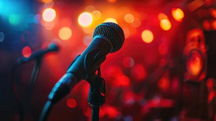 A microphone on a stand ready for use on a concert or performance stage