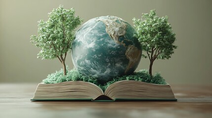 Poster - Serene 3D illustration celebrating World Book Day featuring an open book with a globe and subtle tree outlines on a pale pastel background emphasizing simplicity and the beauty of exploration
