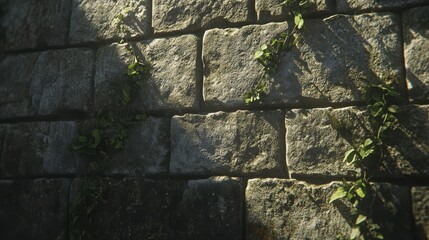 Wall Mural - Close-up of fortress battlements rough stone pitted and cracked plants growing in gaps