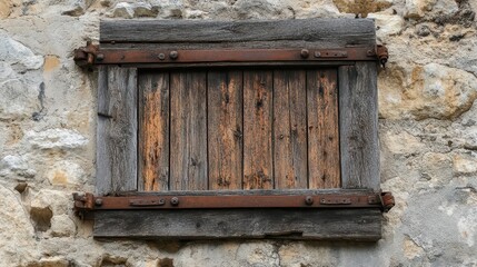 Poster - Aged wooden shutters on fortress window cracked wood rusted hinges and crumbling stone