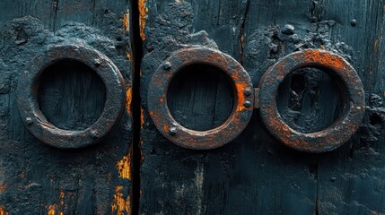 Sticker - Close-up of rusted iron rings on wooden door deep cracks in wood and rust stains visible