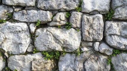 Wall Mural - Mortar between large stone blocks worn down with plants taking root in small gaps