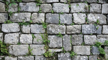 Wall Mural - Zoomed-in view of mortar between fortress stones worn away with grass growing in gaps