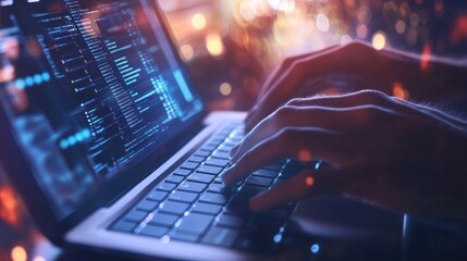 Poster - Laptop Typing with Blue and Orange Lights