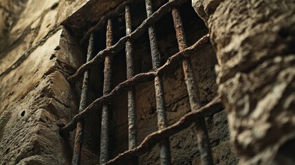 Poster - Narrow window with rusted grating bars bent cracked stone frame darkened from weathering