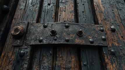 Sticker - Close-up of corroded iron hinges on a fortress door with splintered rotting wood