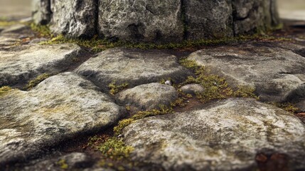 Poster - Defensive tower base with discolored stones moss and lichen growing on the rough surface