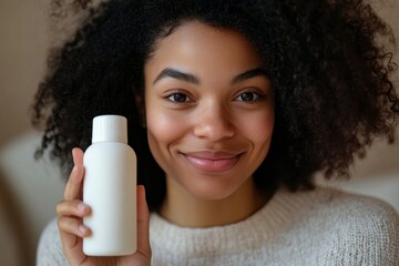 Close-up of african american woman holding a bottle of shampoo in her hand, Generative AI