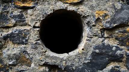 Poster - Defensive loophole in fortress wall smooth weathered stone with chips and cracks shadowed inside