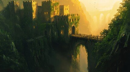 Wall Mural - Illustration of ivy-covered stone fortress drawbridge partially lowered over misty moat at sunset