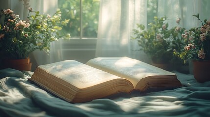 Poster - Serene 3D rendering of an open book on a minimalistic background with gentle shadows and a soft color palette emphasizing the essence of storytelling in a tranquil and sophisticated manner