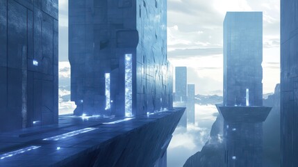 Poster - Modern interpretation of a medieval fortress with sleek polished stone glass windows and LED-lit battlements glowing blue at twilight