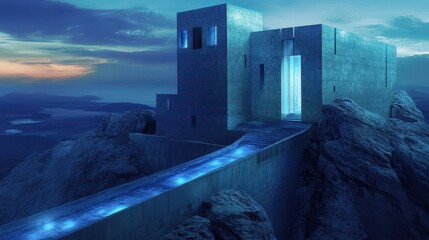 Canvas Print - Modern fortress design with polished stone walls glass windows and LED-lit battlements casting a blue glow over the landscape at twilight