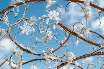 A single tree covered in snow, set against a bright blue sky