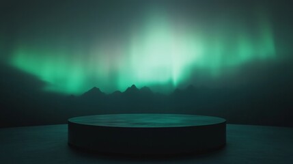 Aufkleber - A circular platform is in the foreground, lit by a soft glow. The background is a hazy, green sky with the aurora borealis visible.