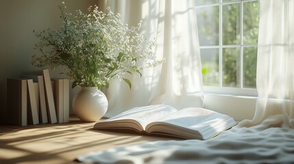 Poster - Serene 3D rendering of an open book on a minimalistic background with gentle shadows and a soft color palette emphasizing the essence of storytelling in a tranquil and sophisticated manner