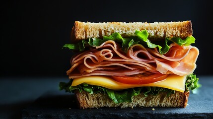 A ham and cheese sandwich with lettuce and tomato.