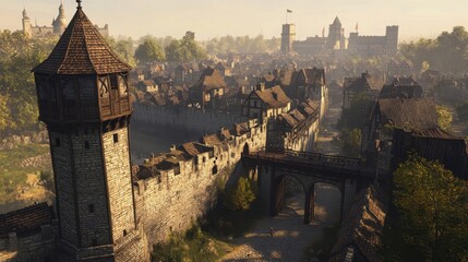 Poster - Fortified city with stone walls and wooden rooftops bathed in morning sunlight