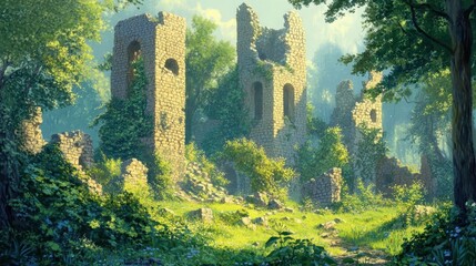 Wall Mural - Ruins of a fortress with broken walls overtaken by nature and bathed in soft light