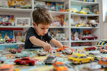 A young boy playing with toy cars on a table, ideal for use in illustrations about childhood and imagination