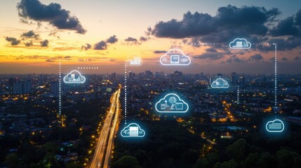 Poster - A cloud storage system with icons representing user collaboration, seamless file sharing between devices in a modern, digital landscape
