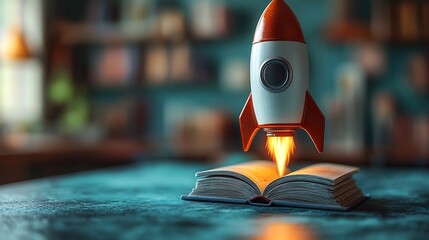 Poster - Serene 3D scene of a rocket launching from a book placed on a soft teal background evoking inspiration and the limitless potential of education on World Book Day
