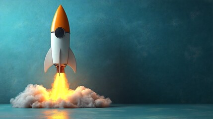 Poster - Serene 3D scene of a rocket launching from a book placed on a soft teal background evoking inspiration and the limitless potential of education on World Book Day