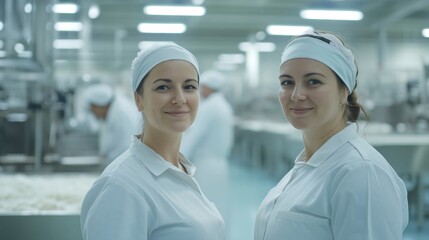 Two confident female food factory workers smiling in modern sterile facility